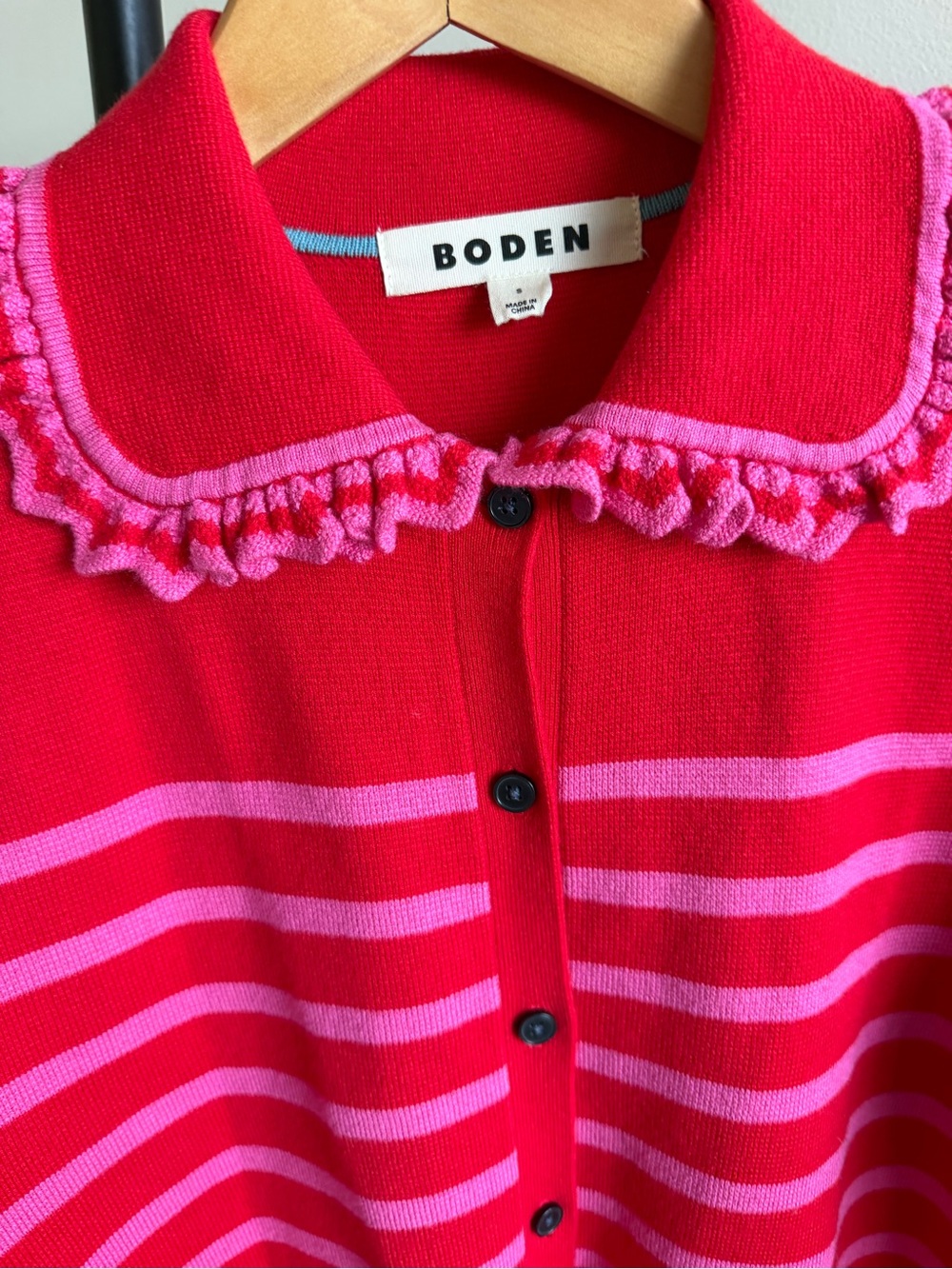 Boden Red & Pink Striped Ruffle Collar Cardigan Sweater Size S NWOT Wool Cotton - Picture 5 of 13